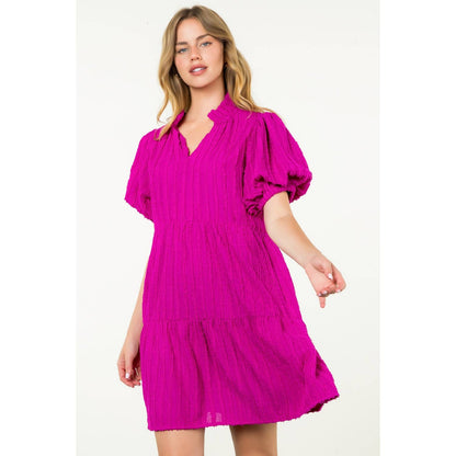 Tiered Puff Sleeve Textured Dress