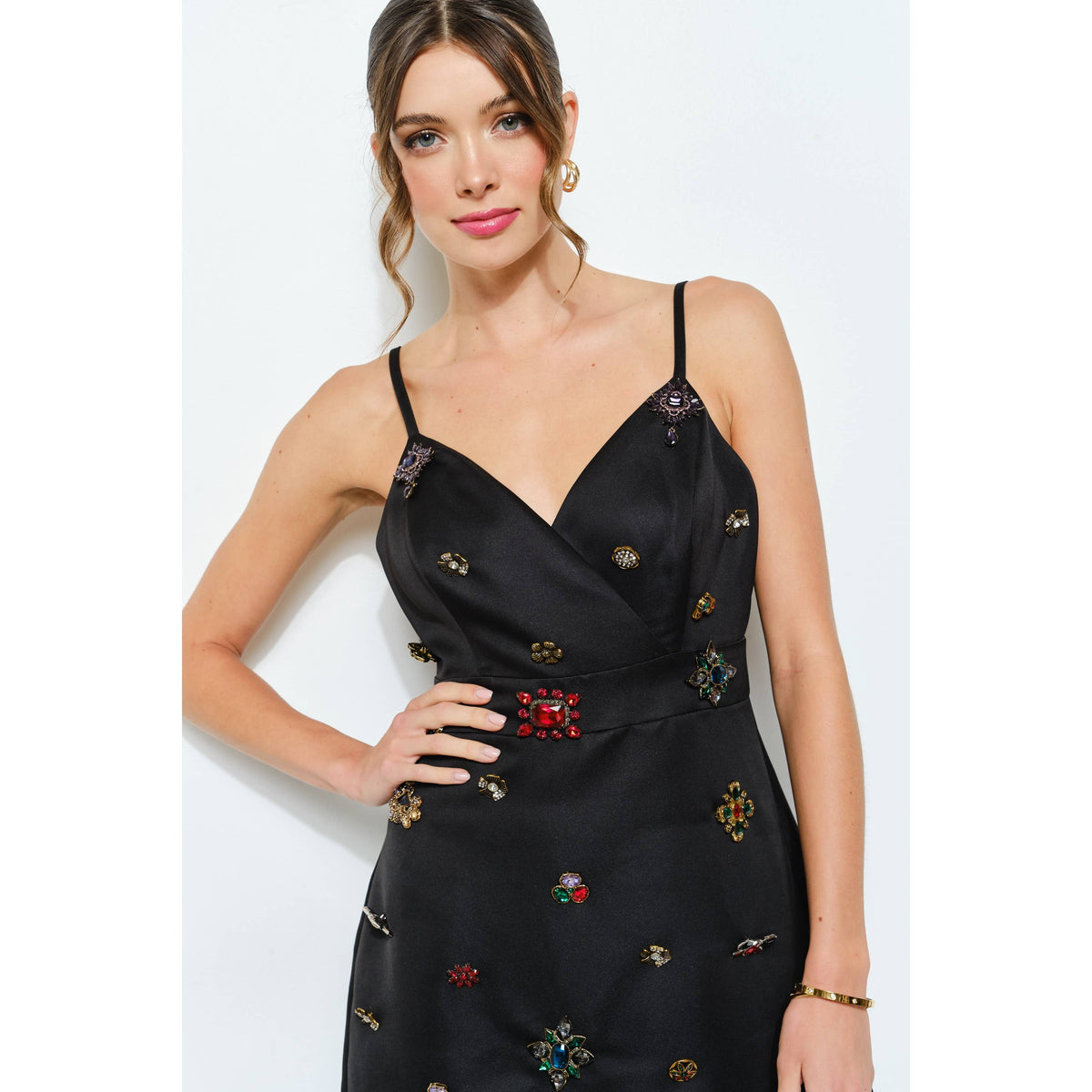 Sleeveless Embellished Jewel Satin Mini Dress