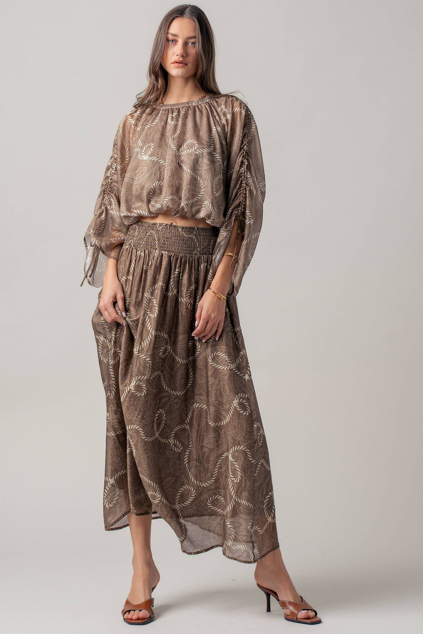 Rope Print Ruched Sleeve Blouse & Smocked Waist Skirt Set