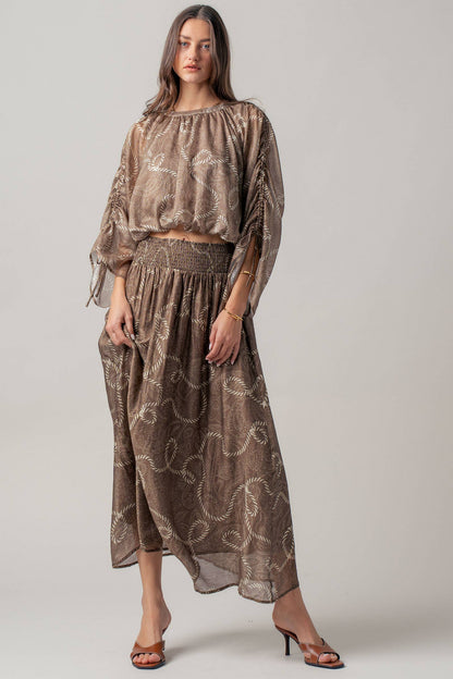 Rope Print Ruched Sleeve Blouse & Smocked Waist Skirt Set