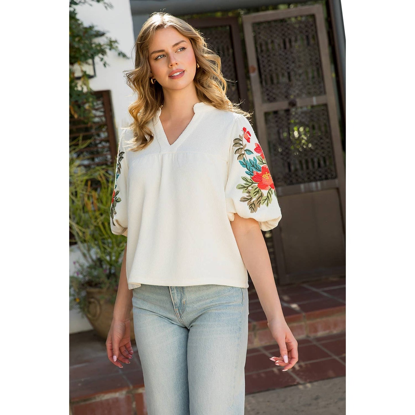 Embroidered Puff Sleeve Top