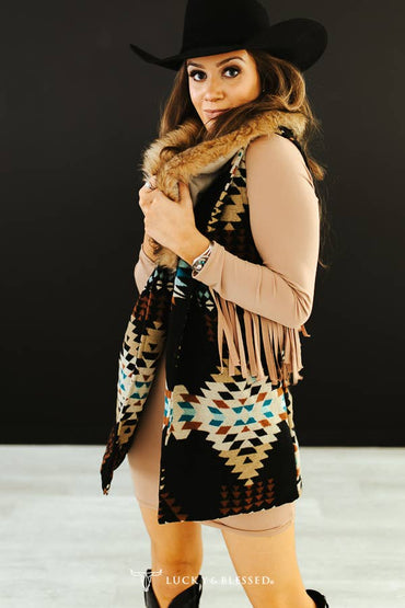 Black Aztec Fur Collar Vest