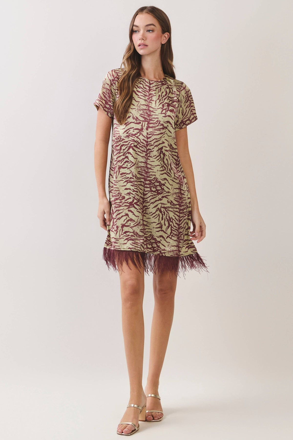 TCEC Feather Trim Printed Shift Dress