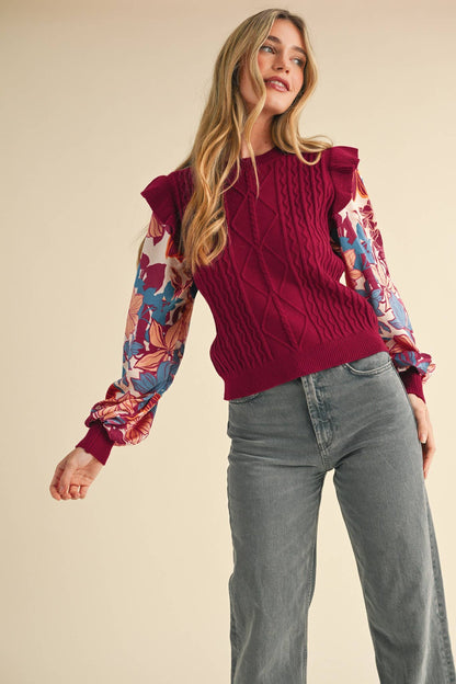 Floral Plum Mixed Media Sweater