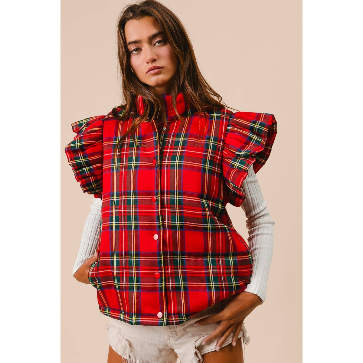 CHRISTMAS PLAID RUFFLE VEST
