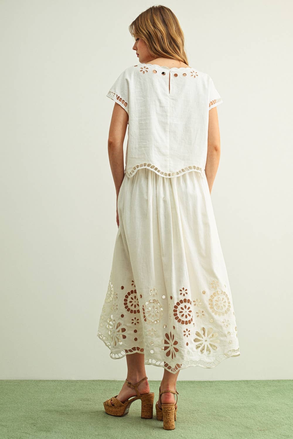 Floral Embroidered Boat Neck Top & Skirt Set