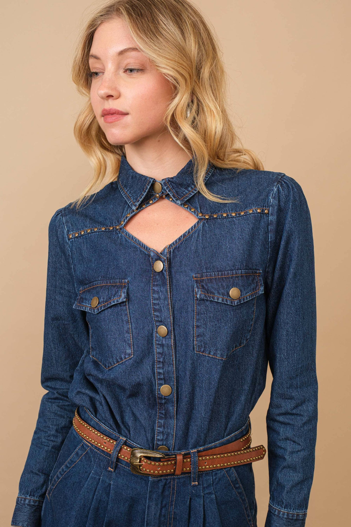 Chambray Cut Out Studded Collard Shirt Blouse