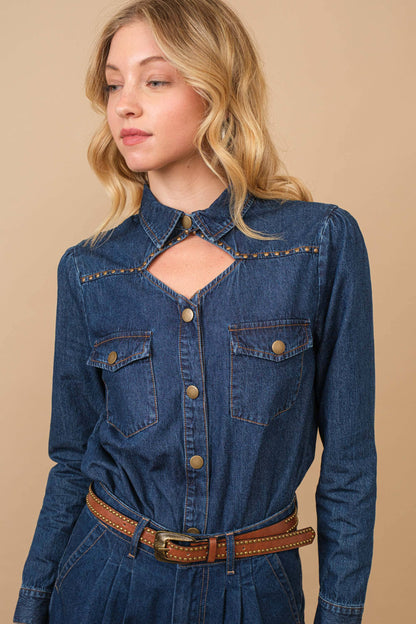 Chambray Cut Out Studded Collard Shirt Blouse