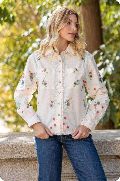 Flower Embroidery Long Sleeve Linen Shirt