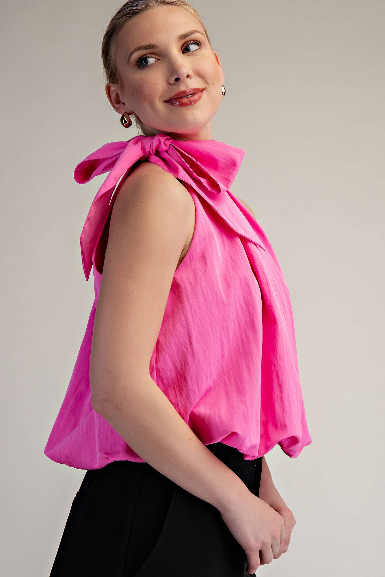 High Neck Tie Wrap Balloon Sleeveless Top