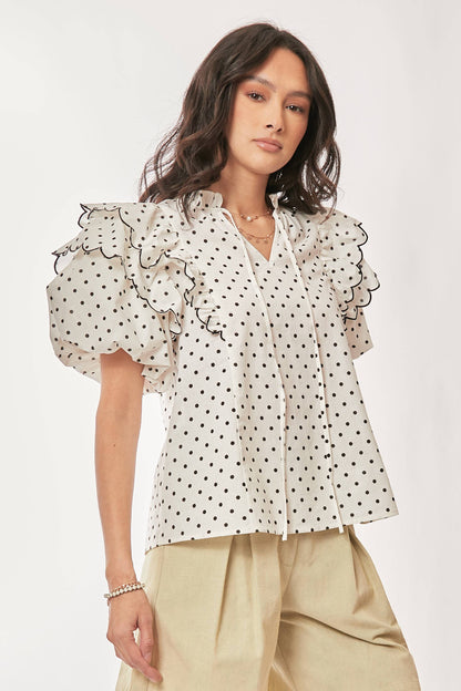 Polka Dot Contrast Ruffle Puff Sleeve Blouse