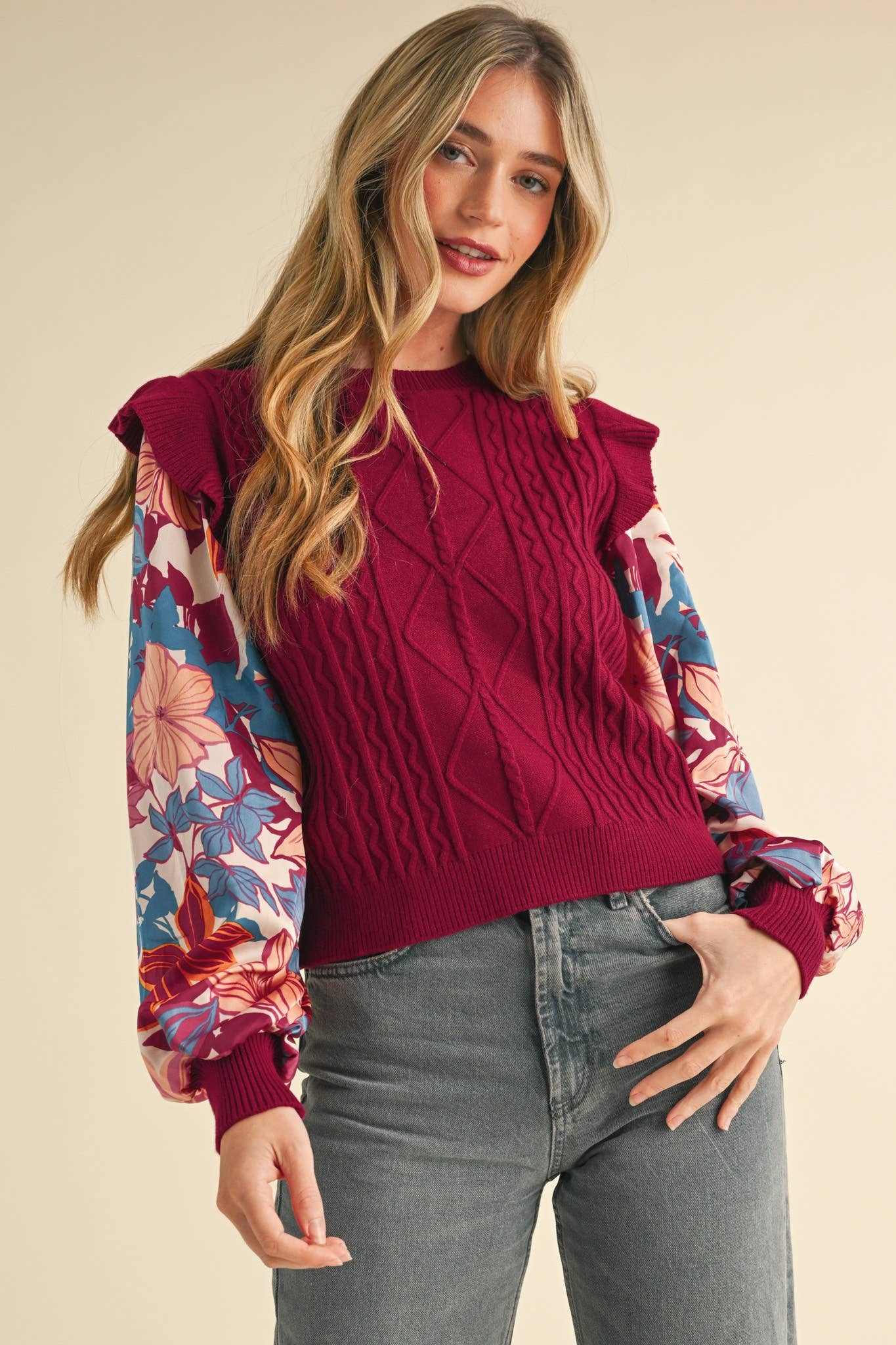 Floral Plum Mixed Media Sweater