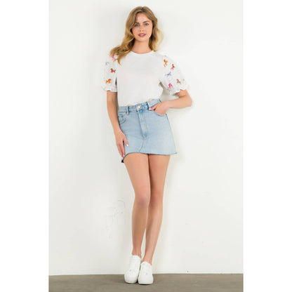 Embroidered Textured Puff Sleeve Top