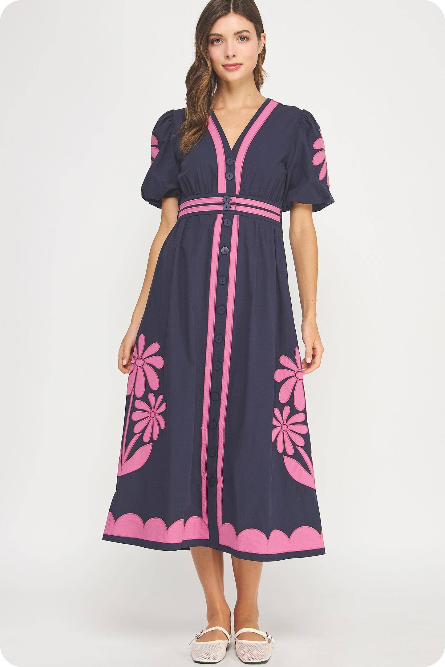 Flower Patch Contrast Embroidery Midi Dress