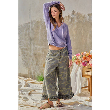 CAMOUFLAGE DENIM RUFFLED HEM MID RISE BLOOMER PANTS