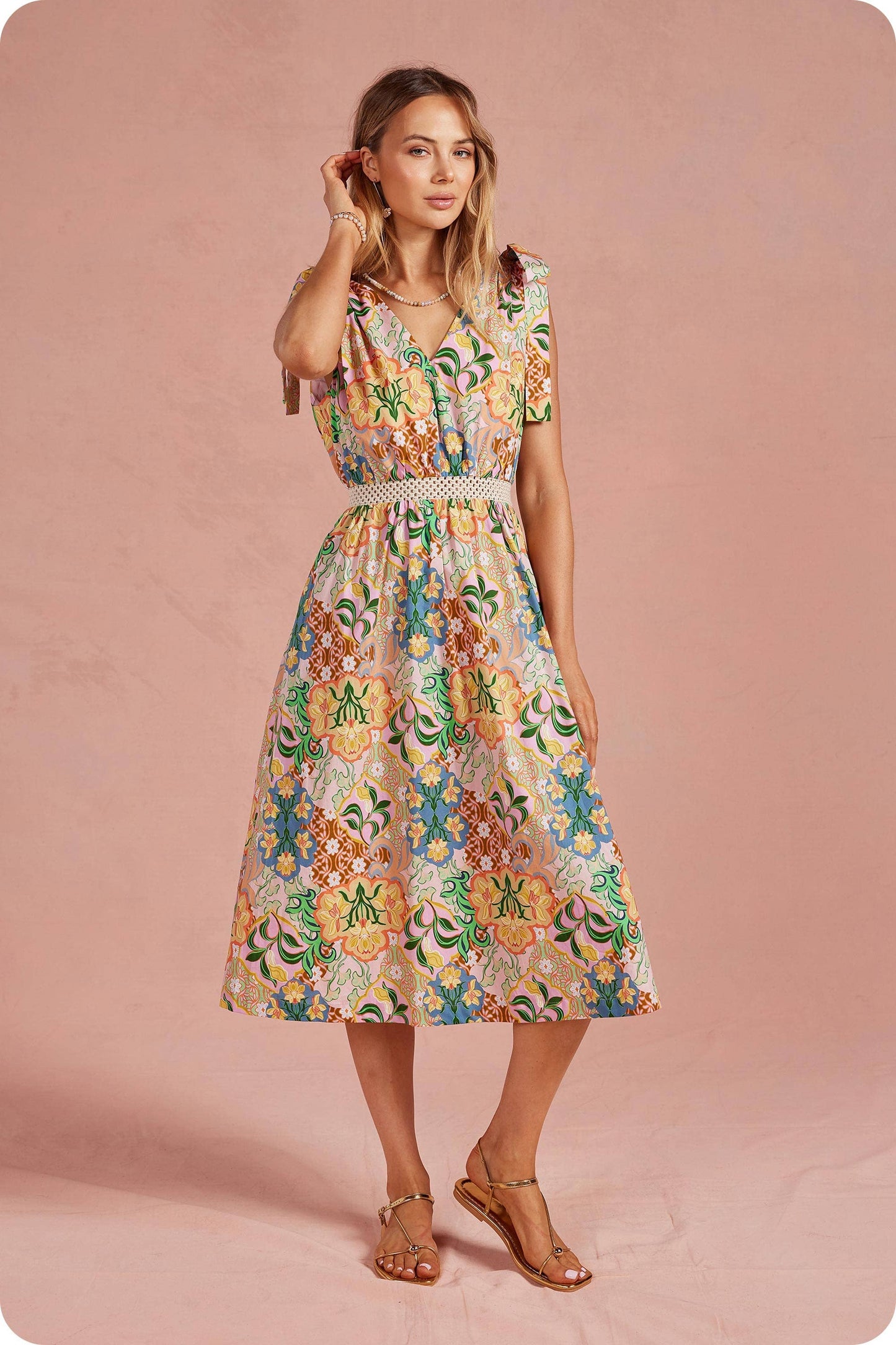 Garden Party Tie Shoulder Crochet Waist Midi Dress