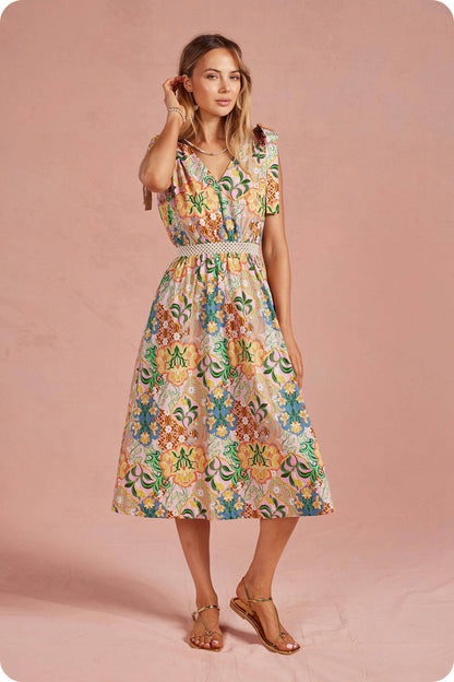 Garden Party Tie Shoulder Crochet Waist Midi Dress