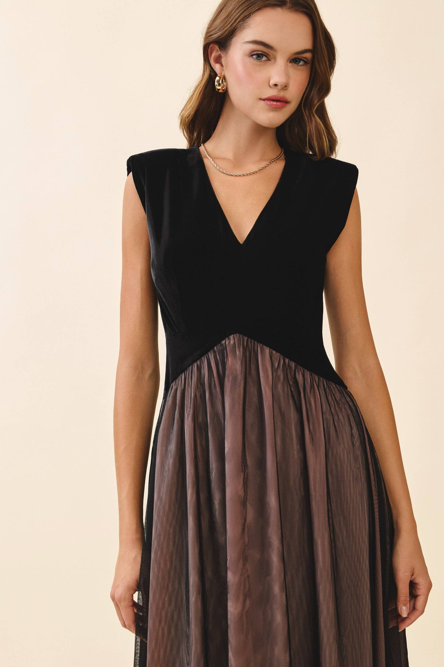 Velvet Fitted Bodice Padded Shoulder Midi Dress