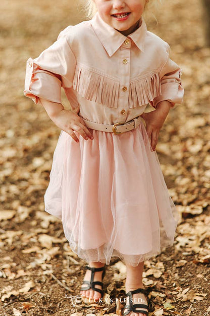 LUCKY & BLESSES Girl's Pink Fringe Tulle Dress