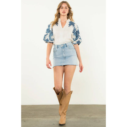 Embroidered Puff Sleeve V-Neck Top