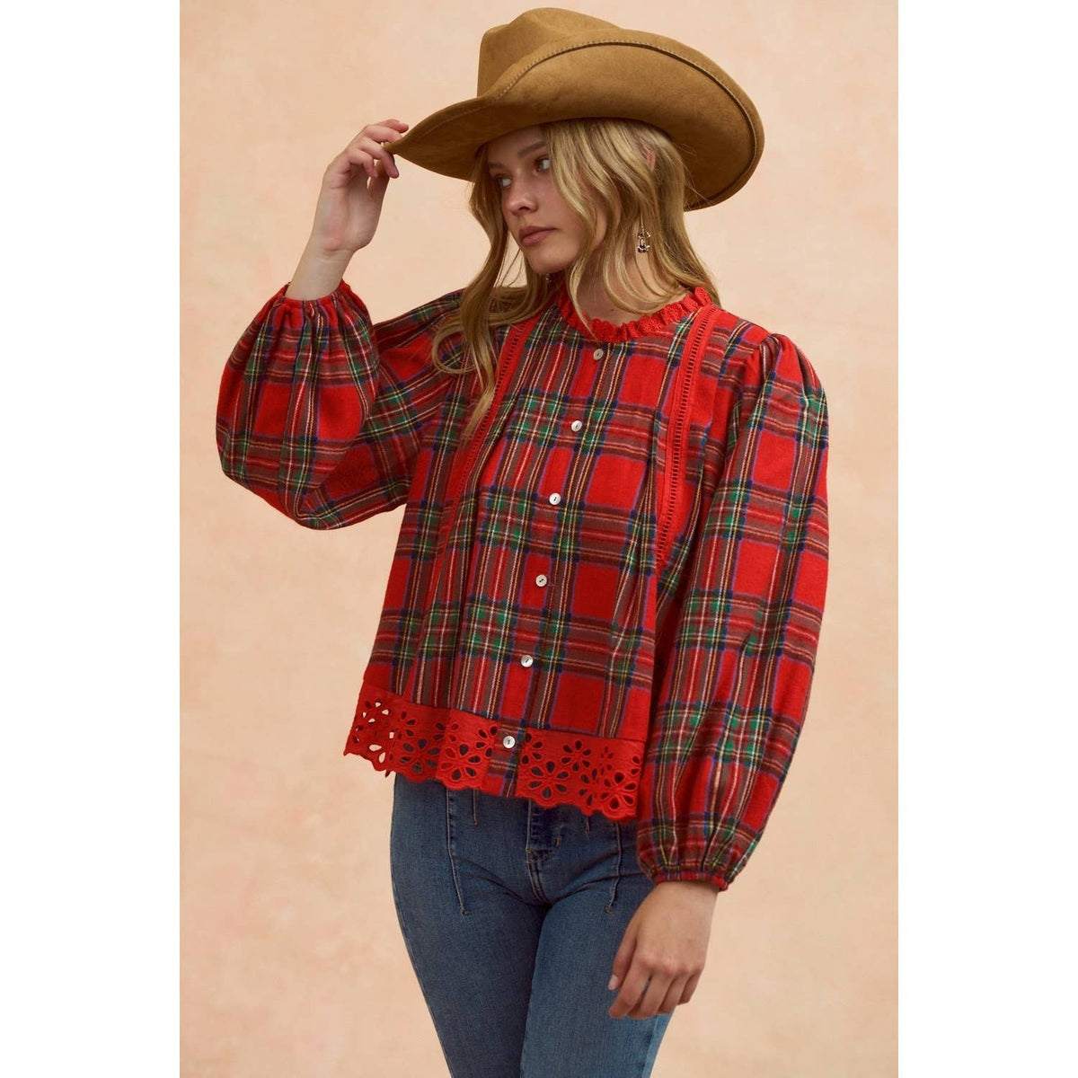 Christmas Plaid Button Down Blouse