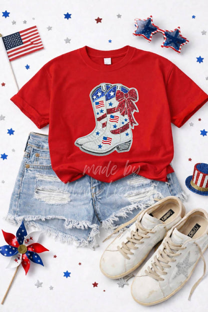 4th of July Boots Sequin Patch T-Shirt