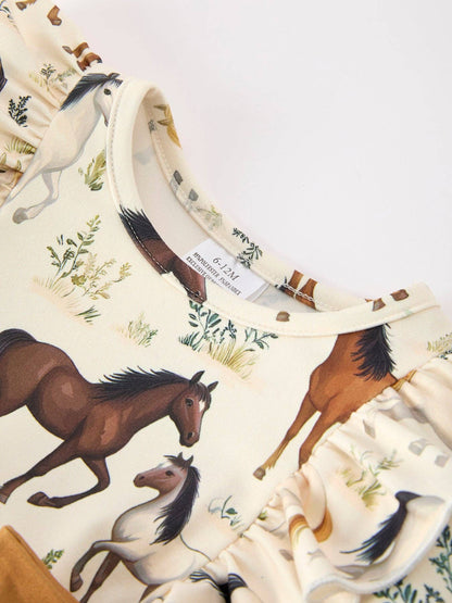 Girl's Western Horse Ruffle Romper