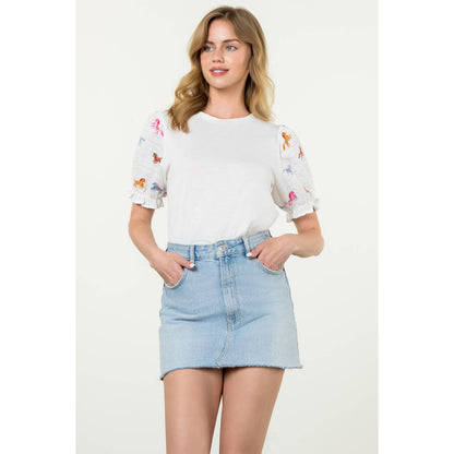Embroidered Textured Puff Sleeve Top