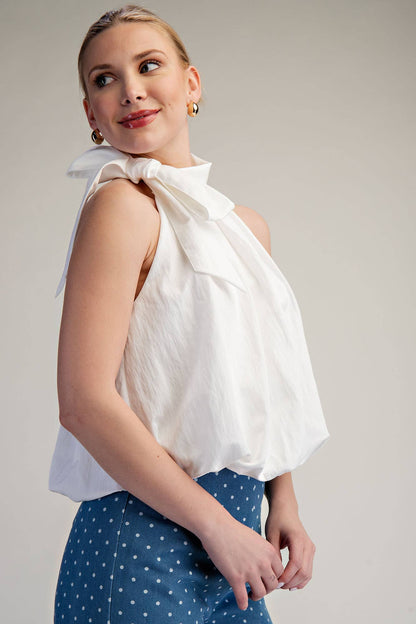 High Neck Tie Wrap Balloon Sleeveless Top