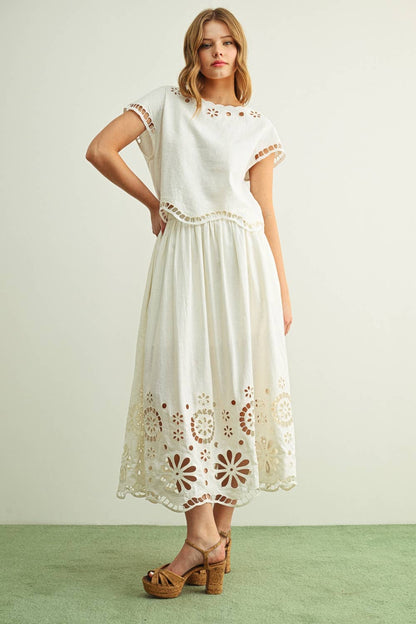 Floral Embroidered Boat Neck Top & Skirt Set
