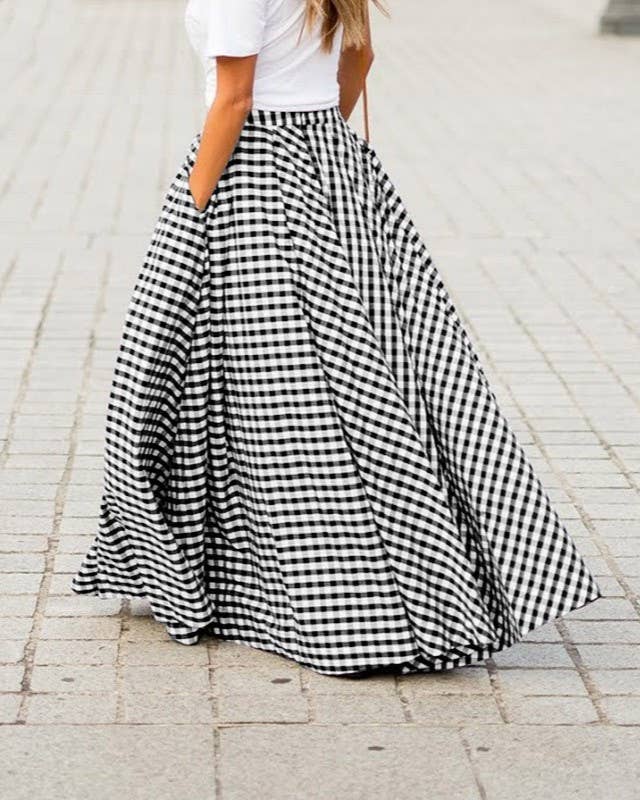 Casual Plaid High-Waisted Midi Flared Skirt