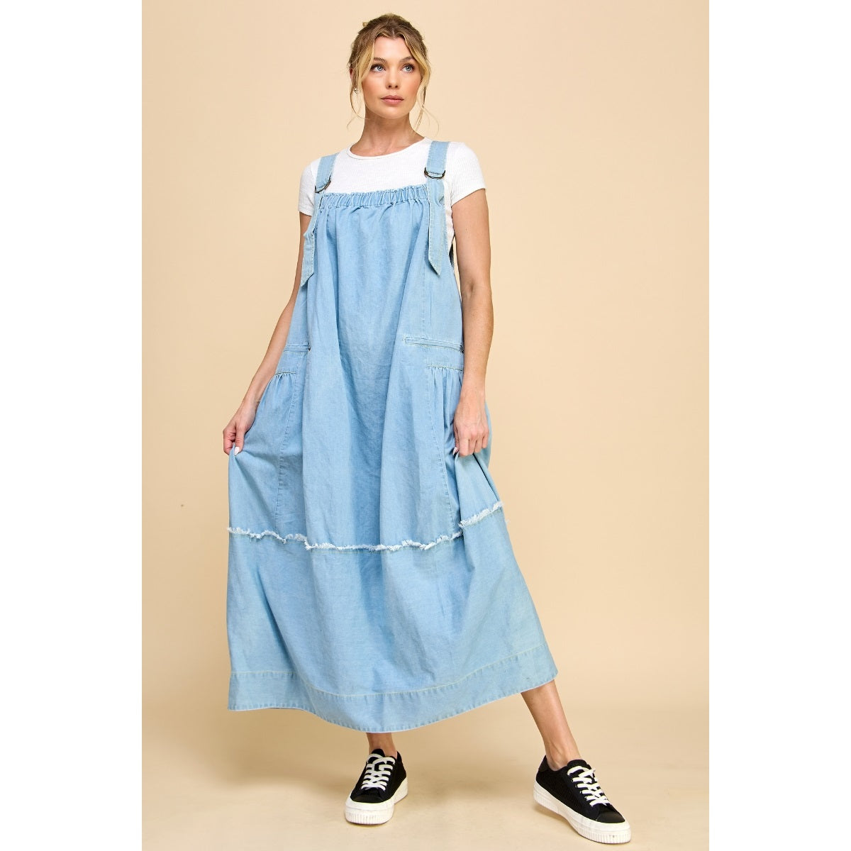 Washed Denim Overalls Dress