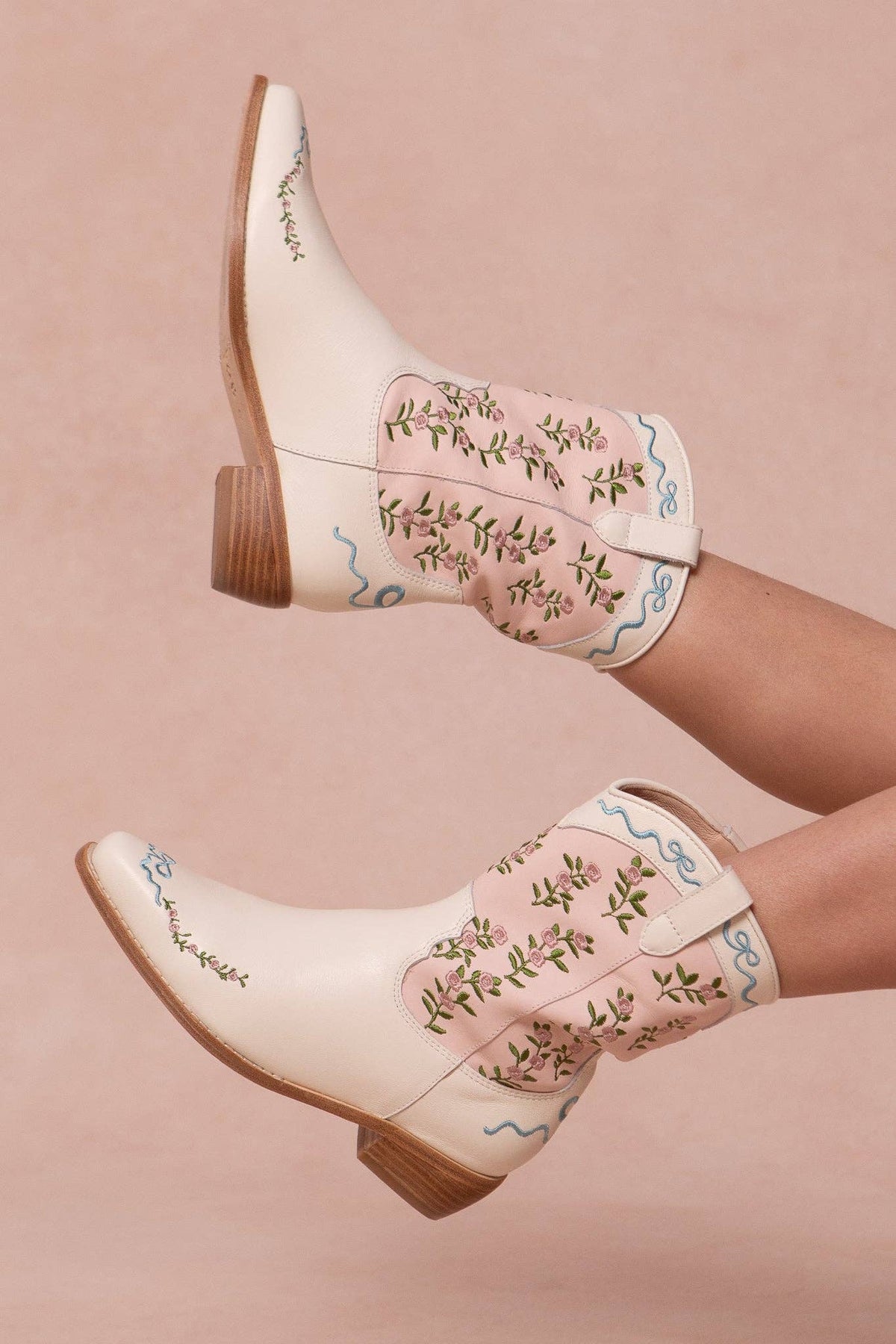 Mini Cream & Pink Rosemary Cowgirl Boots