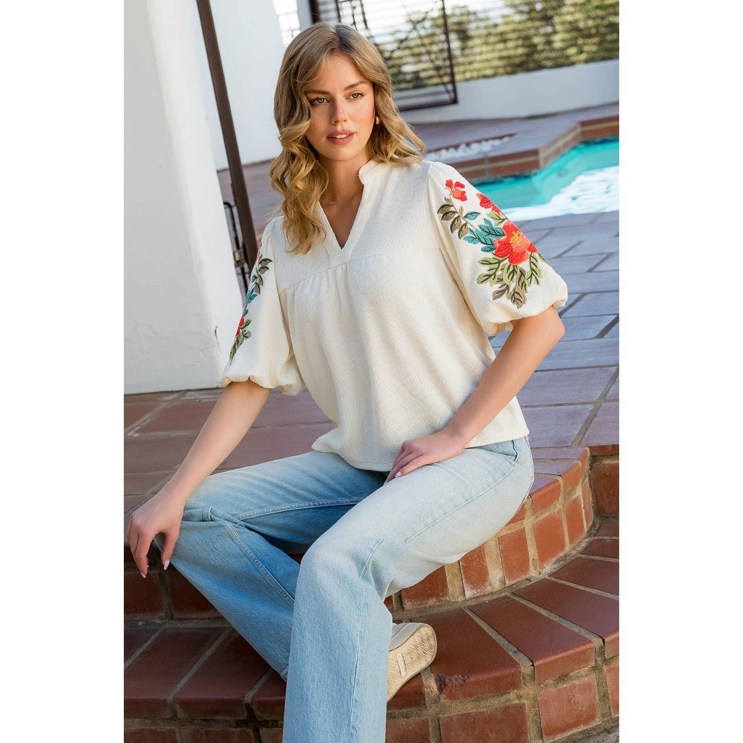 Embroidered Puff Sleeve Top