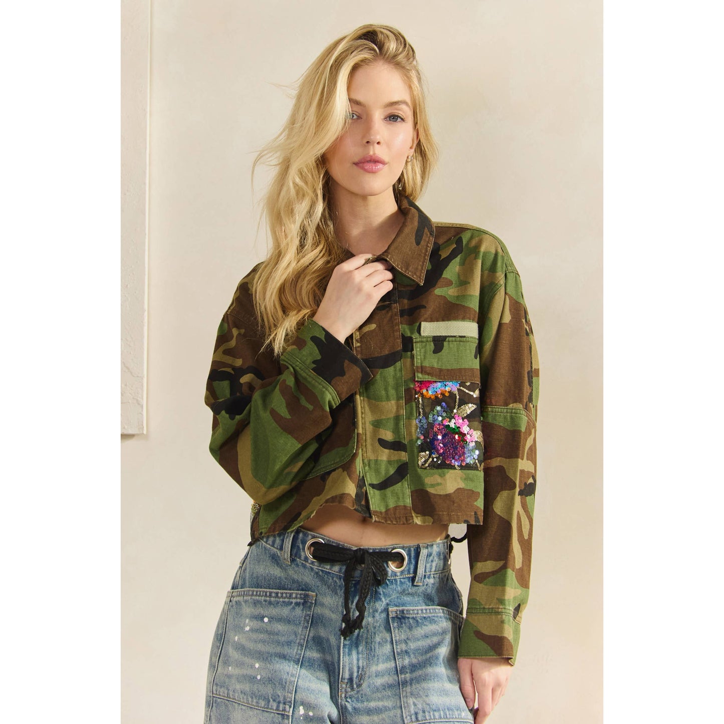 Camo Sequins Contrast Jacket