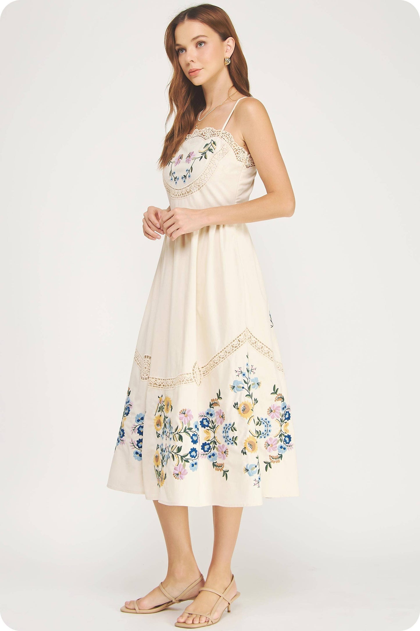Embroidered Floral Lace Detail Midi Dress
