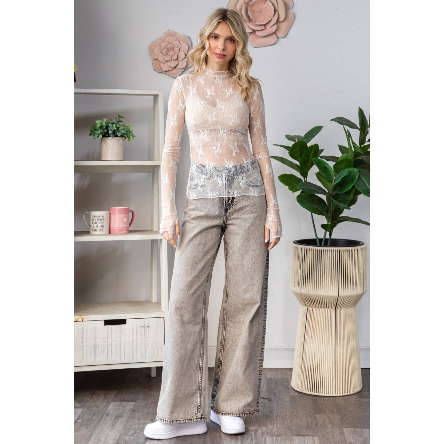 Lace Long Sleeve See Through Ivory Top