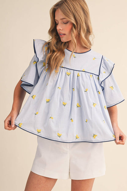 Lemon Embroidery Contrast Piping Top