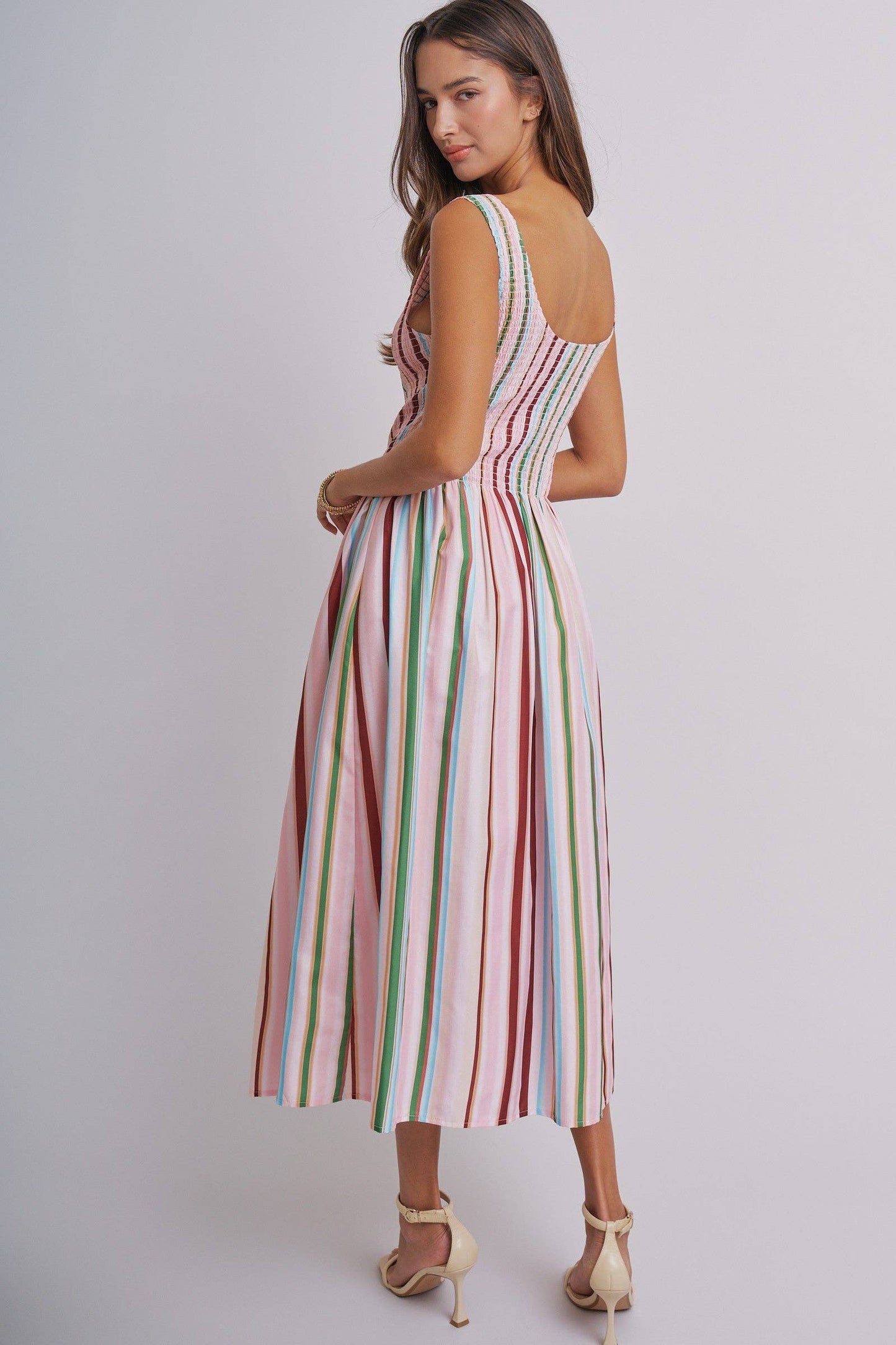 Candy Stripe Smocked Midi Dress