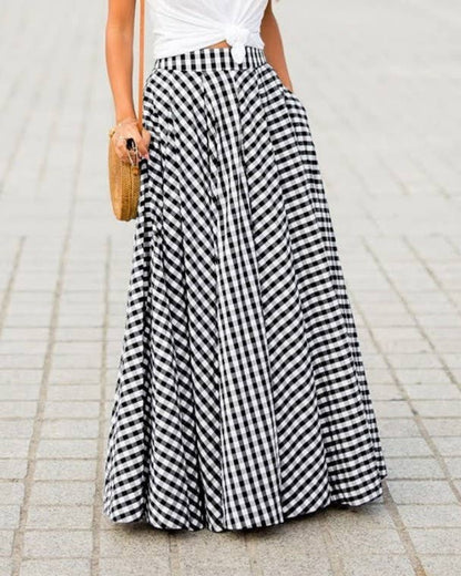 Casual Plaid High-Waisted Midi Flared Skirt