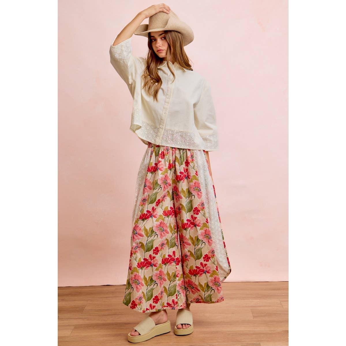 Floral Eyelet Side Elastic Waist Wide Leg Pants