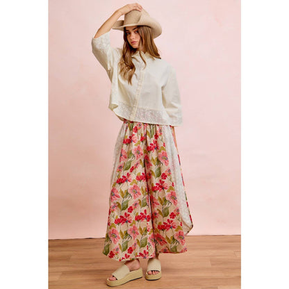 Floral Eyelet Side Elastic Waist Wide Leg Pants