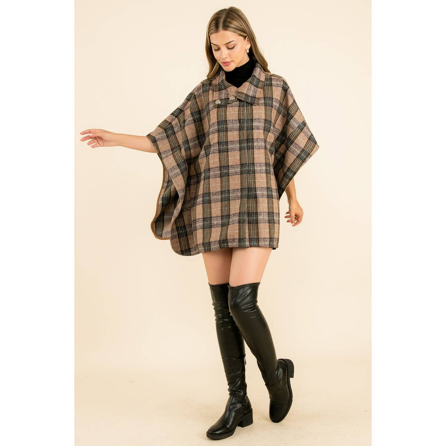 High Neck Plaid Poncho