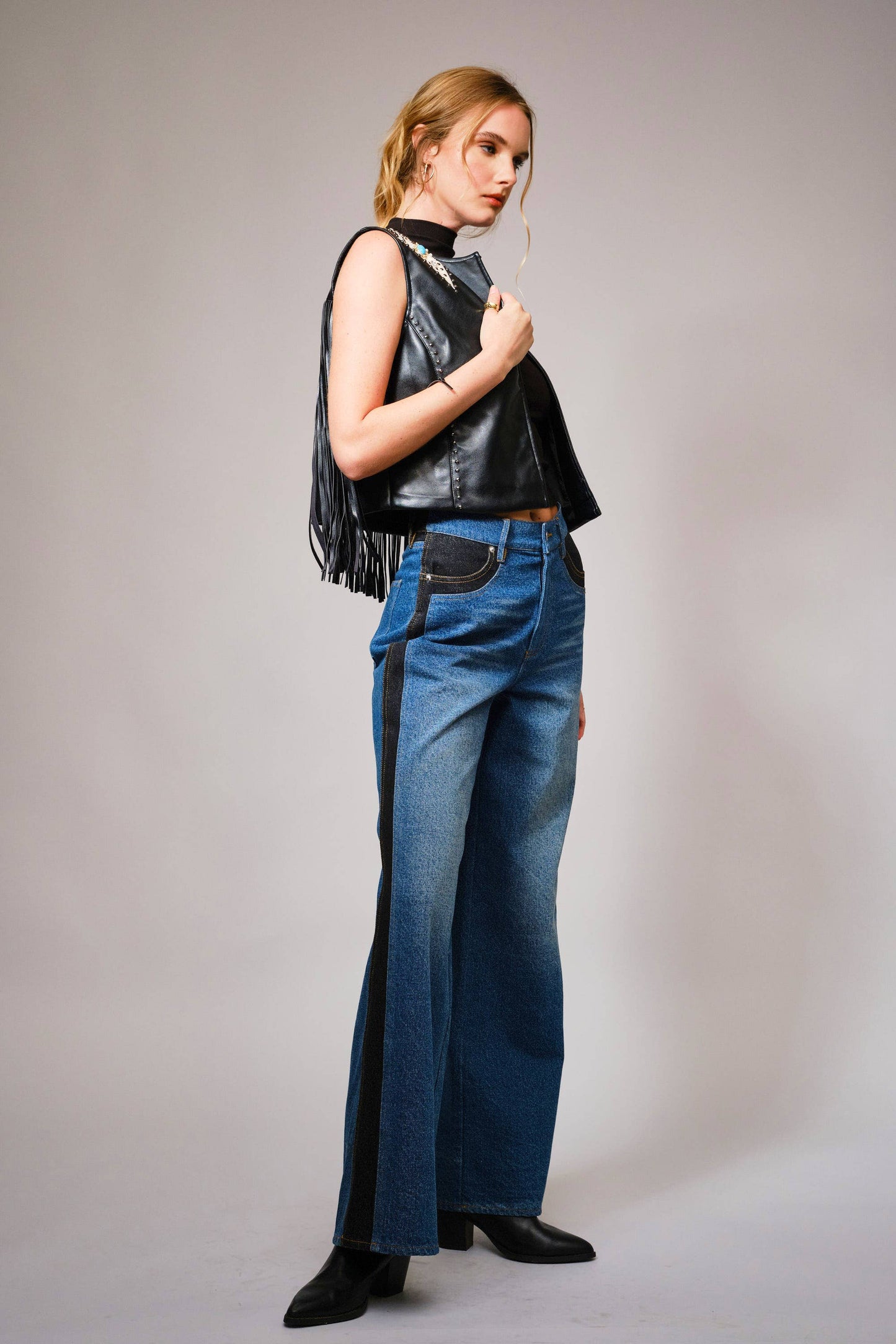 Faux Leather Fringe Studded Western Vest