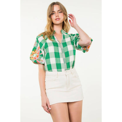 Embroidered Puff Sleeve Plaid Top