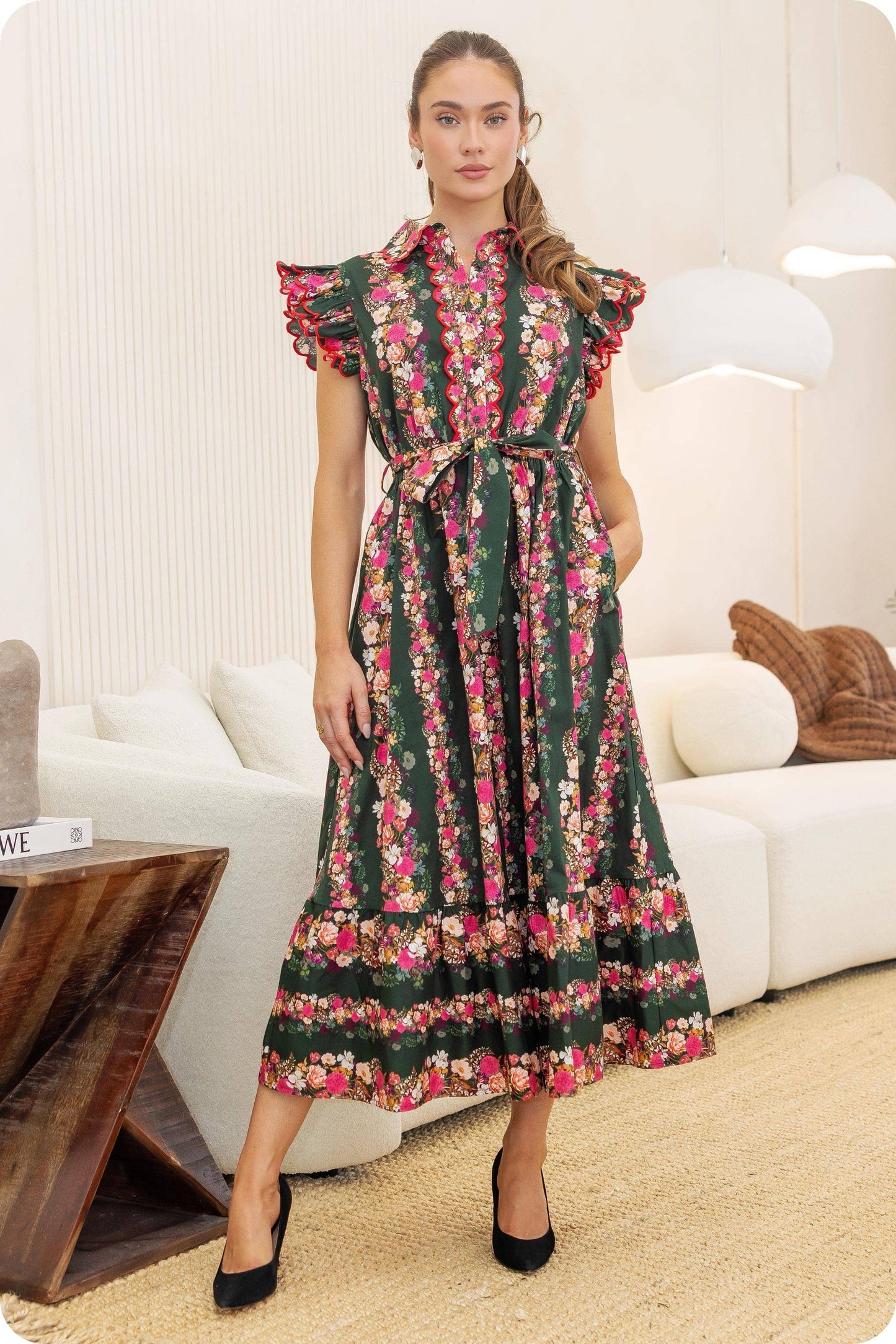 Ruffle Scallop Embroidery Floral Midi Dress
