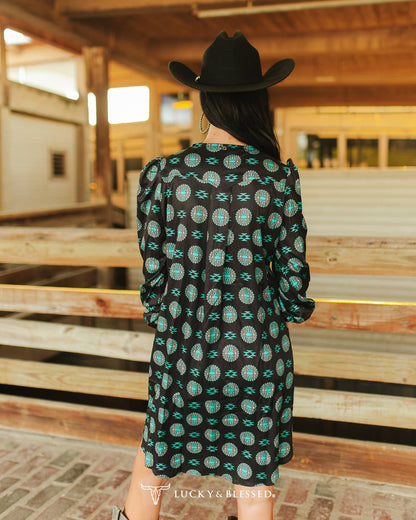 Black Turquoise Stone Printed Pleated Chest Dress