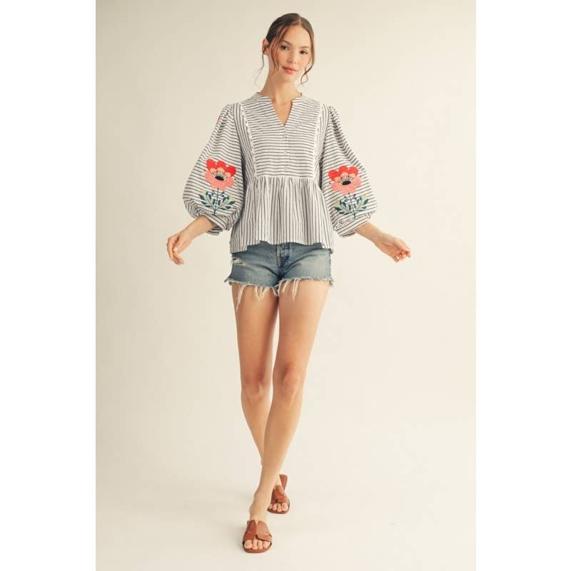 Embroidered Stripe Peplum Top