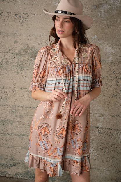Blue B Western Scarf Print Babydoll Dress