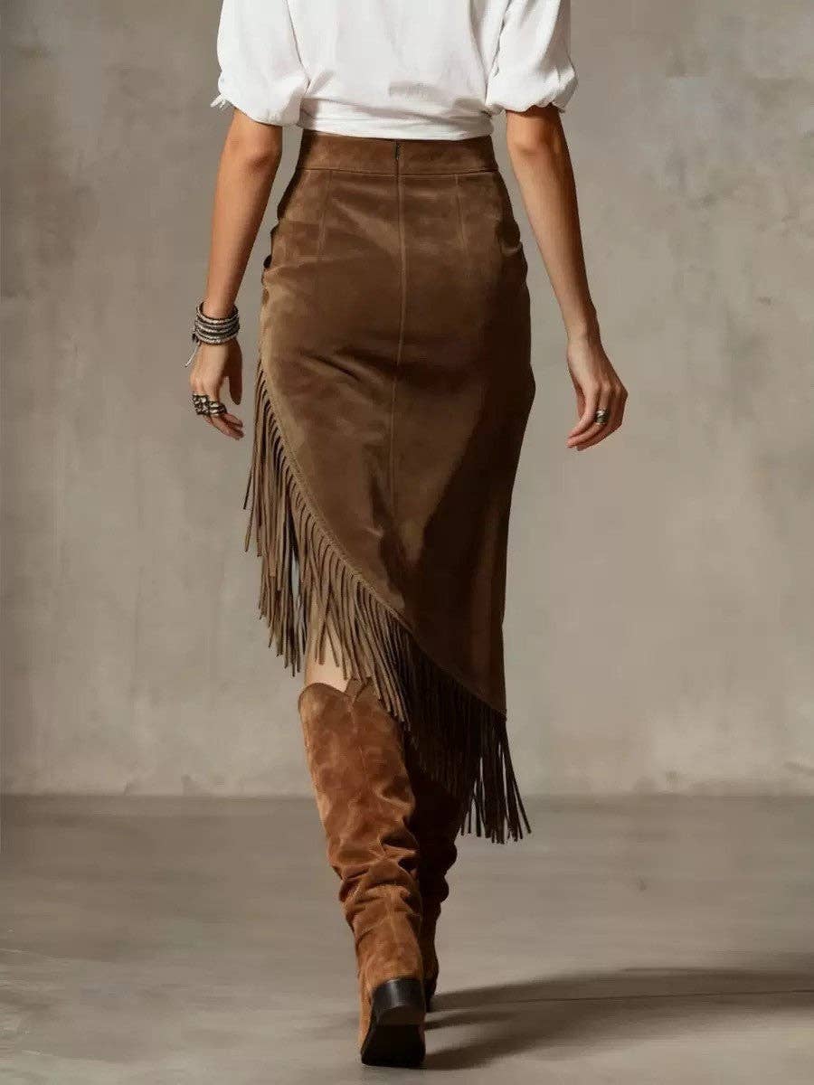 Western Suede Fringe Asymmetrical Midi Skirt